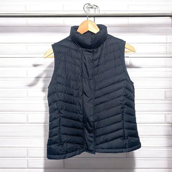 Talbots Petite Small Black Quilted Puffer Vest Full Zip Gold Sateen Lining - Picture 1 of 6